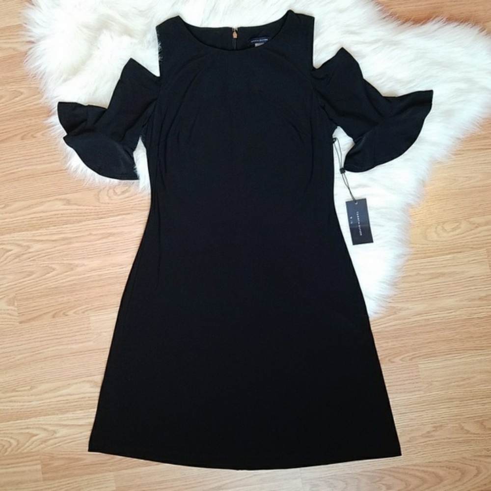 NWT Tommy Hilfiger Solid Black Cold Shoulder Dress - Picture 2 of 8
